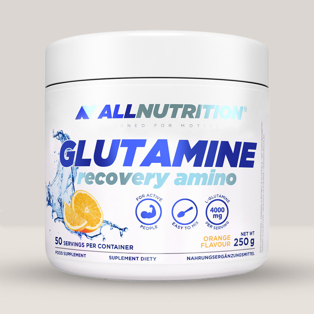 Imagine cu suplimentul alimentar Glutamine (Recovery Amino) de la ALLNUTRITION, 250g, 50 de serviri.