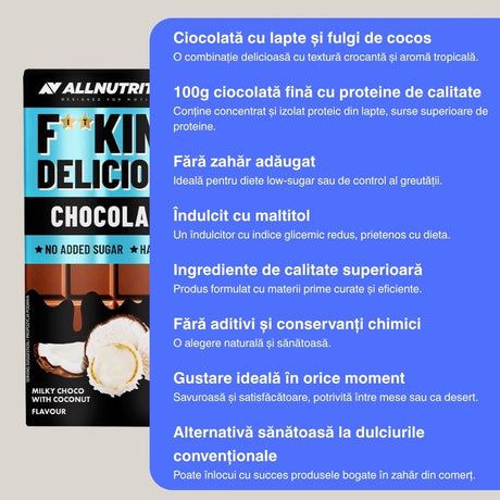 Ciocolată cremoasă cu lapte și cocos, bogată în proteine. Răsfăț fără remușcări, hrănește corpul și sufletul.