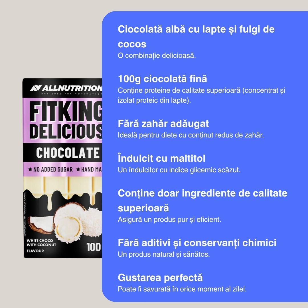 Ciocolată albă proteică cu cocos. Deliciu fără zahăr, bogată în proteine. Răsfăț conștient, fără compromisuri.