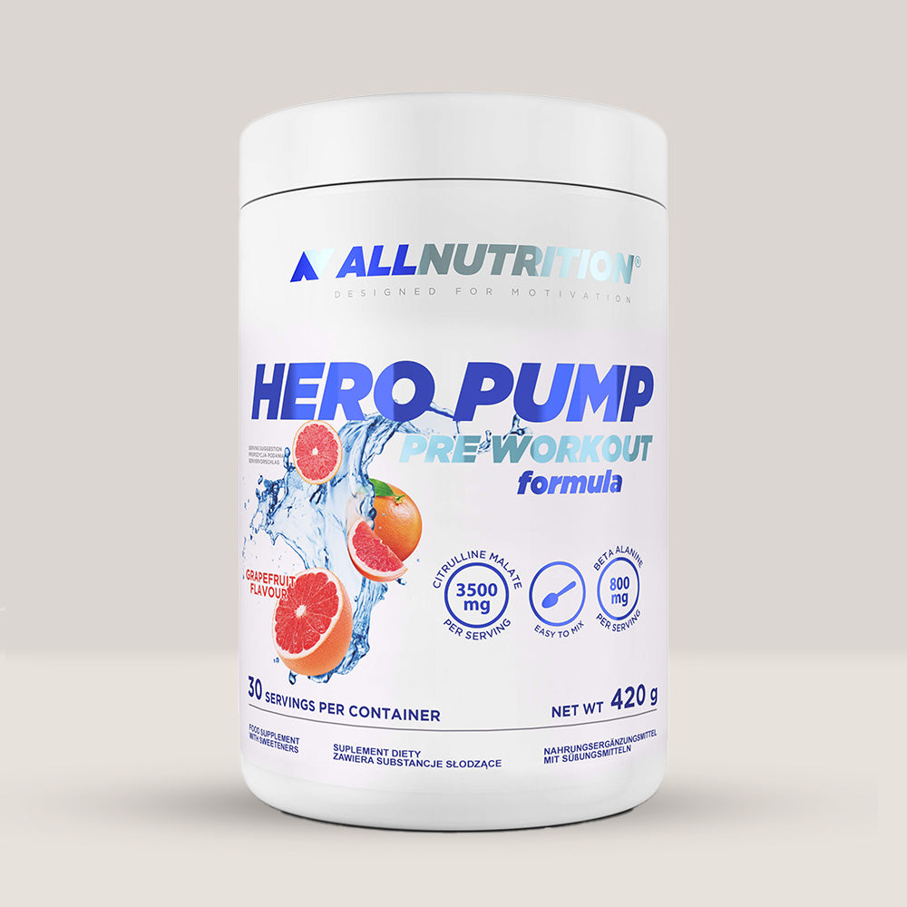 Performanță amplificată fără stimulenți. HERO PUMP, gust rafinat de grapefruit.  Atinge-ți potențialul maxim.