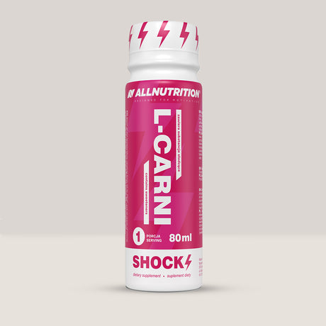 Imagine cu pachetul de 12 doze de L-CARNI Shock Shot de la ALLNUTRITION, 80ml per doză.