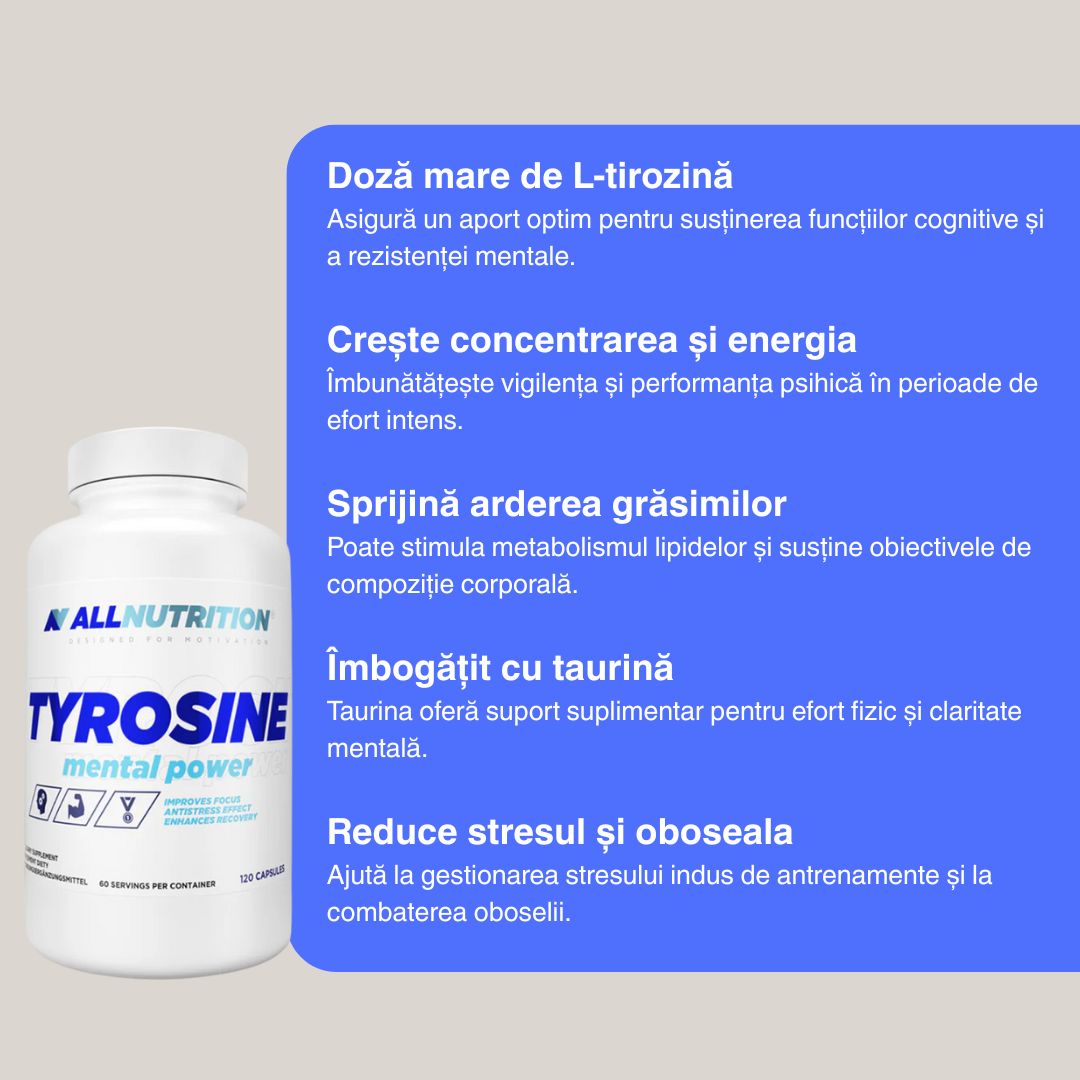 Claritate și concentrare absolută cu L-Tirozină și Taurină de la ALLNUTRITION. Deblochează-ți potențialul.