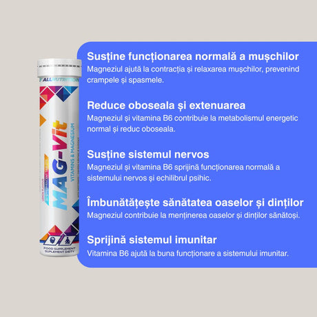 Magneziu B6 efervescent AllNutrition: Energie, echilibru și vitalitate într-o băutură răcoritoare.