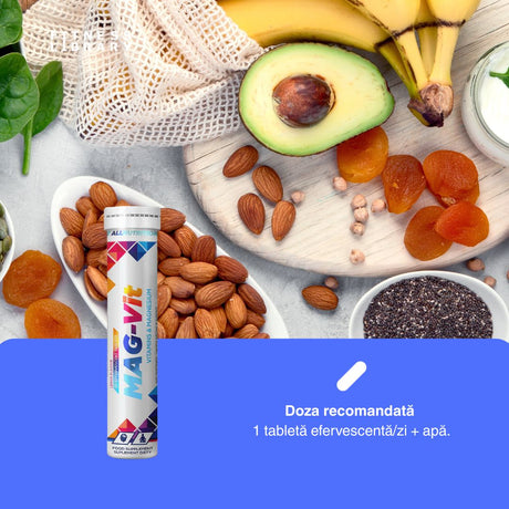Magneziu și B6 pentru energie și relaxare musculară. Elimină oboseala cu tabletele efervescente Mag-Vit de la AllNutrition.