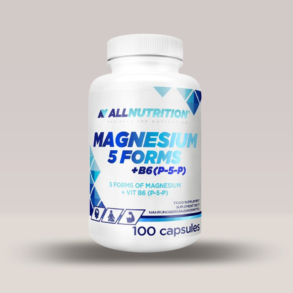 Imagine cu suplimentul alimentar Magnesium 5 FORMS + B6 de la ALLNUTRITION, 100 de capsule.