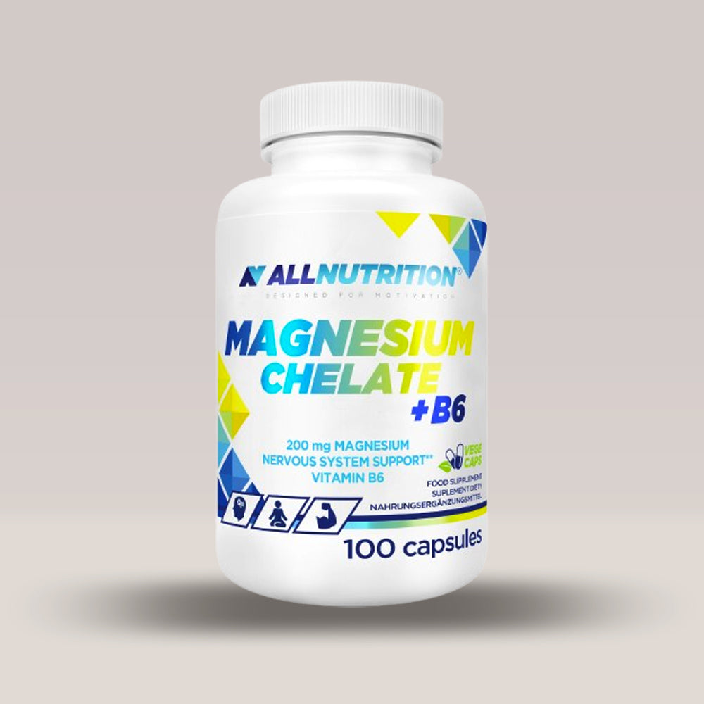 Imagine cu suplimentul alimentar Magnesium Chelate + B6 de la ALLNUTRITION, 100 de capsule.