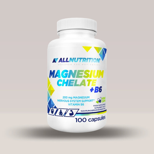 Imagine cu suplimentul alimentar Magnesium Chelate + B6 de la ALLNUTRITION, 100 de capsule.