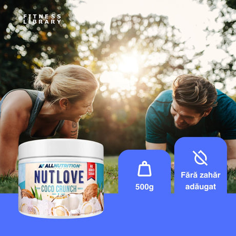 Cremă proteică NutLove Coco Crunch: Gust exotic de cocos și migdale, fără remușcări.
