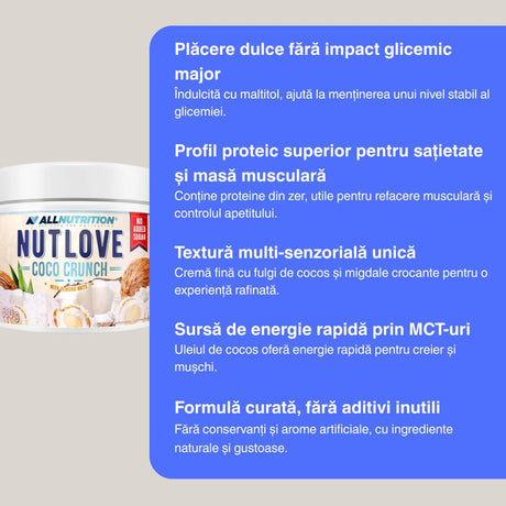 Cremă proteică NutLove Coco Crunch: gust exotic de cocos și migdale crocante, fără compromisuri. Sănătos și delicios, pentru un stil de viață echilibrat.