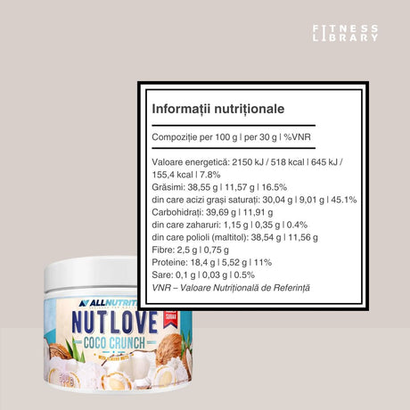 Cremă proteică NutLove Coco Crunch: Gust exotic de cocos și migdale pentru un wellness delicios.