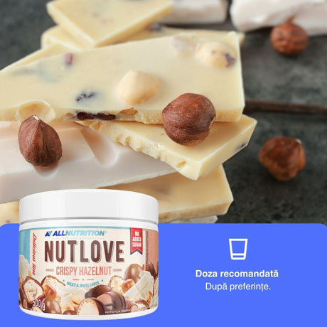 Nutlove Crispy Hazelnut: Crocant, aromă delicată de alune, lapte și ciocolată albă, fără zahăr adăugat. Gust gourmet, stil de viață echilibrat.