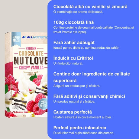 Ciocolată proteică NUTLOVE Crispy Vanilla: Gust divin, textură crocantă, hrănire fără compromisuri.
