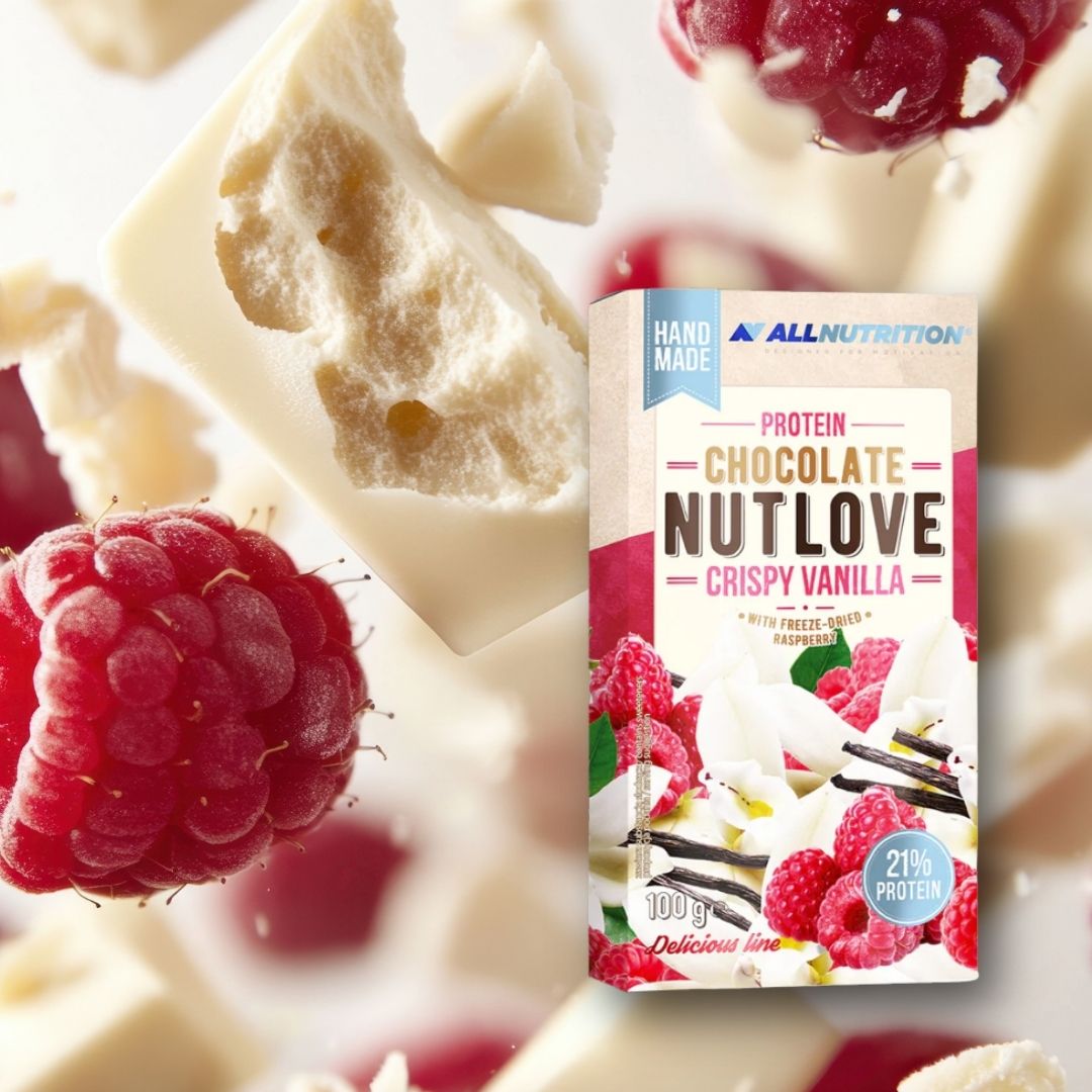 Ciocolată proteică NUTLOVE Crispy Vanilla: Indulgență pură cu vanilie și zmeură, pentru un corp puternic și radiant.
