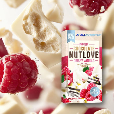 Ciocolată proteică NUTLOVE Crispy Vanilla: Indulgență pură cu vanilie și zmeură, pentru un corp puternic și radiant.