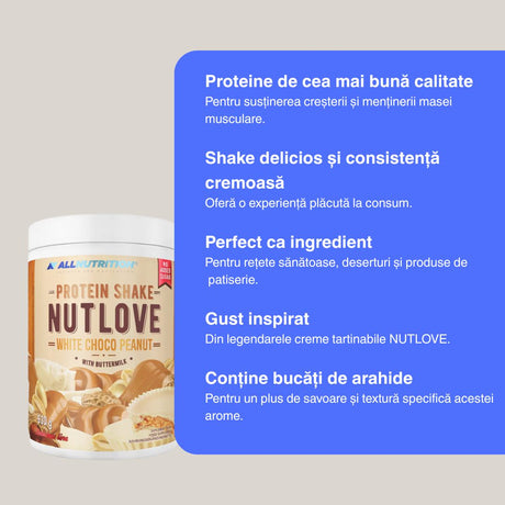 Shake proteic Choco Peanut: Gust decadent de ciocolată albă și arahide. Recuperare musculară de lux.