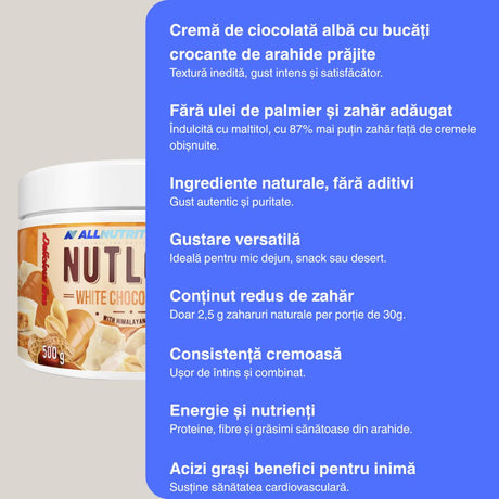 Cremos, crocant, cu sare de Himalaya. NutLove White Choco Peanut: indulgență sănătoasă, gust suprem.
