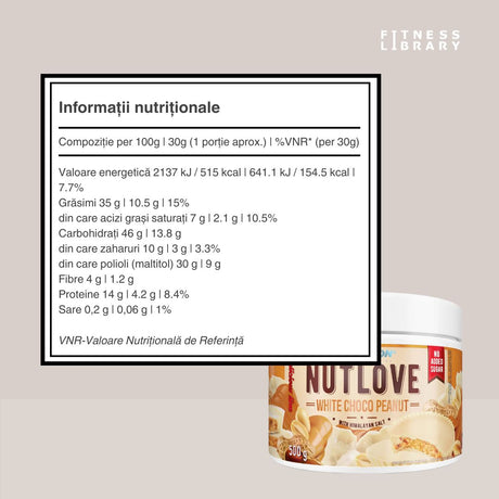 Indulgență pură: NutLove White Choco Peanut. Ciocolată albă, arahide crocante și sare de Himalaya. Plăcere și wellbeing.
