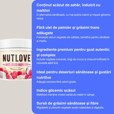 Cremă tartinabilă albă cu zmeură și migdale crocante, fără zahăr adăugat. Indulgență pură, fără compromisuri. #Nutlove #AllNutrition #WellnessDeLux