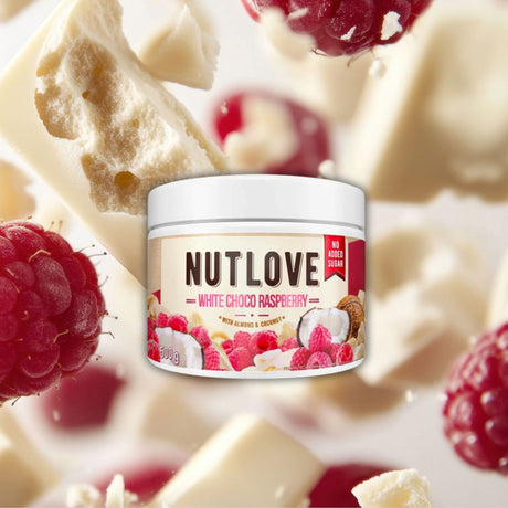 Deliciu gourmet fără zahăr: cremă tartinabilă Nutlove cu ciocolată albă, zmeură și migdale crocante. Experiență senzorială desăvârșită!