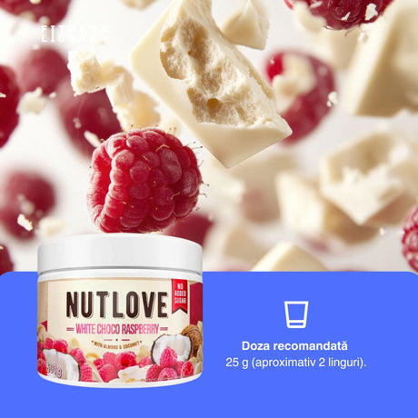 Deliciu pur: ciocolată albă, zmeură și migdale crocante. Savurează Nutlove.