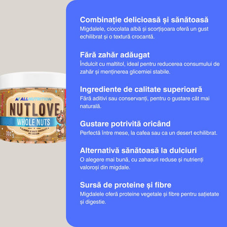 Migdale crocante în ciocolată albă cu scorțișoară. Delicatesă pură pentru simțuri și bunăstare. NUTLOVE.