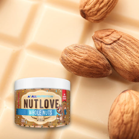 Migdale crocante în ciocolată albă cu scorțișoară. Indulgență pură pentru un stil de viață echilibrat. ALLNUTRITION NUTLOVE.