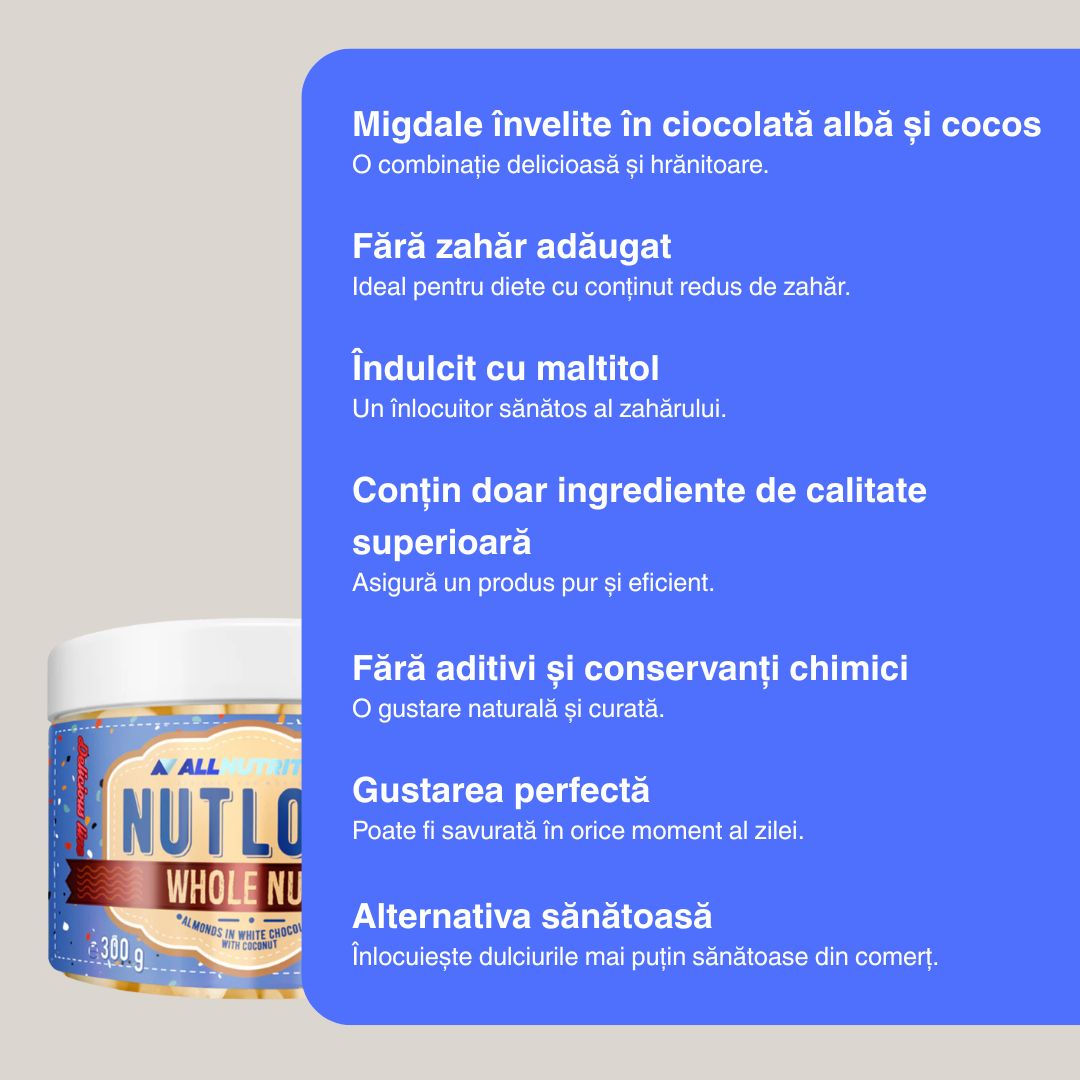 Migdale crocante în ciocolată albă cu cocos. Hrănește corpul și sufletul. NUTLOVE WHOLENUTS.