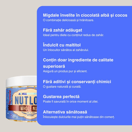 Migdale crocante în ciocolată albă cu cocos. Hrănește corpul și sufletul. NUTLOVE WHOLENUTS.