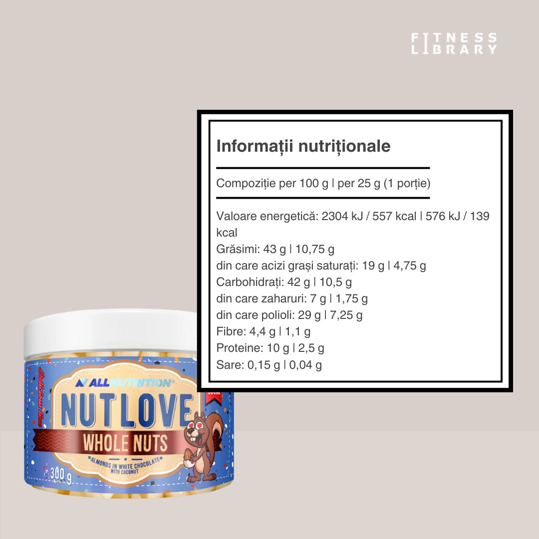 Migdale crocante în ciocolată albă cu cocos. Energie pură, gust divin. NUTLOVE WHOLENUTS.