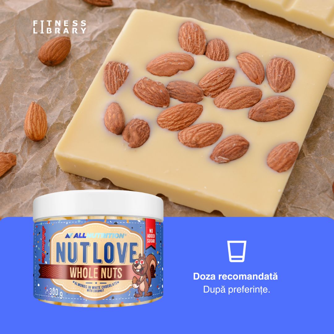 Migdale crocante în ciocolată albă cu cocos. Răsfăț divin, fără compromisuri. NUTLOVE WHOLENUTS.