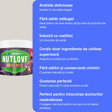 Energie pură și gust irezistibil. Ciocolată neagră cu arahide NutLove: hrănește-ți corpul și spiritul.