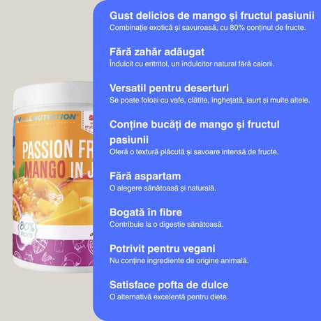 Gem artizanal mango & fructul pasiunii (80% fructe), fără zahăr adăugat. Evadare tropicală cu fiecare linguriță.