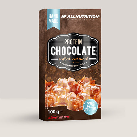 Imagine cu ciocolata proteică Protein Chocolate cu aromă de caramel sărat de la ALLNUTRITION, 100g.
