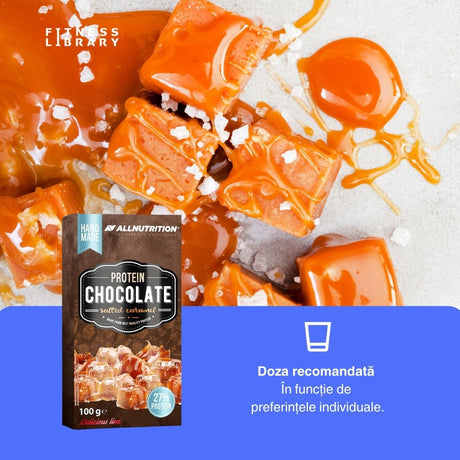 Ciocolată proteică artizanală ALLNUTRITION: Răsfăț decadent cu caramel sărat, pentru performanță amplificată.