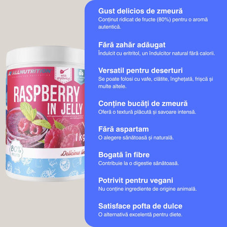 Jeleu de zmeură 80% fructe, fără zahăr adăugat. Savurează dulceața pură, fără regrete!