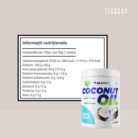 Ulei cocos rafinat ALLNUTRITION: Gust neutru, punct fum ridicat, arome pure, preparate desăvârșite.  Stil de viață sănătos.