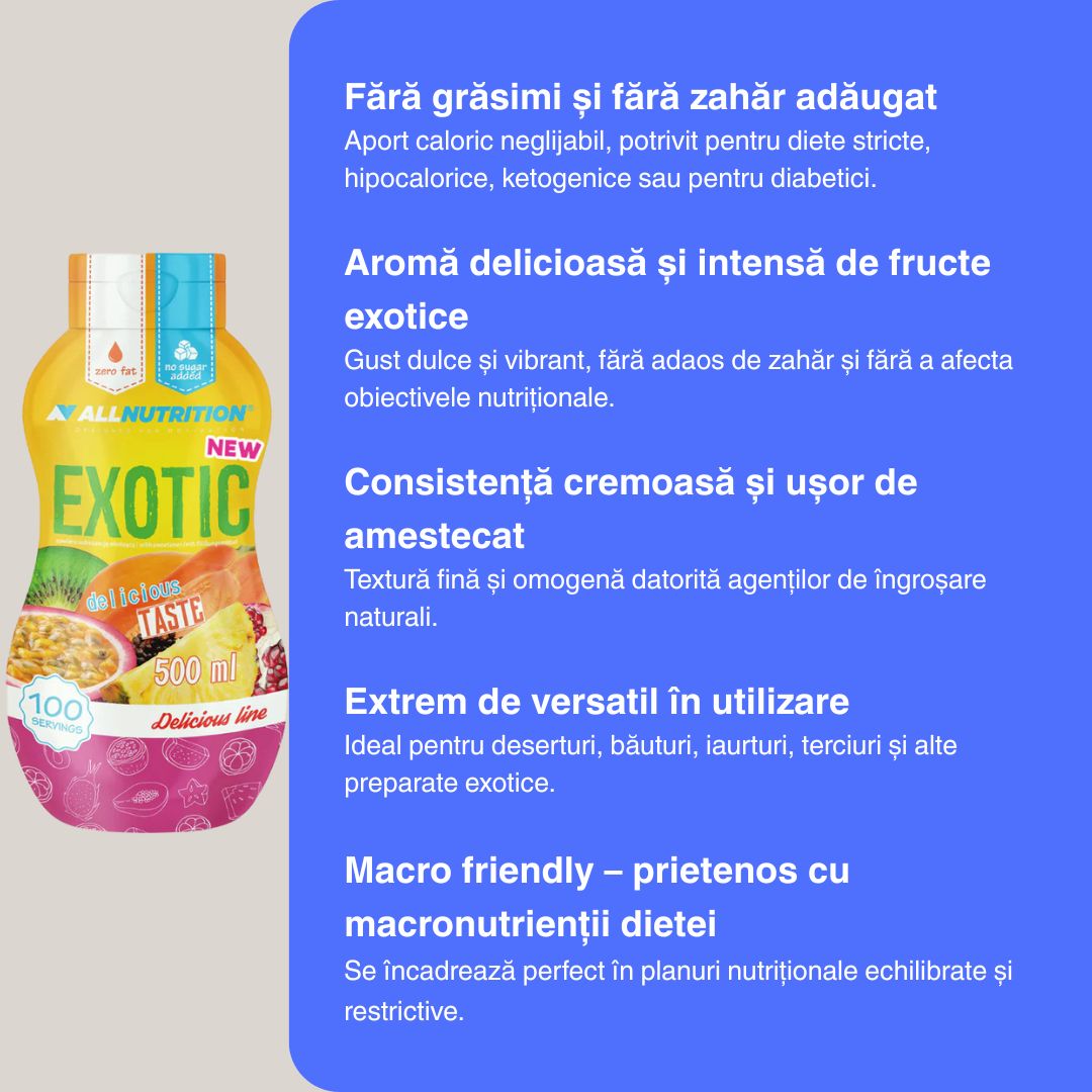 Gust exotic fără calorii. Sosul Sweet Sauce Exotic ALLNUTRITION - desăvârșește orice desert.