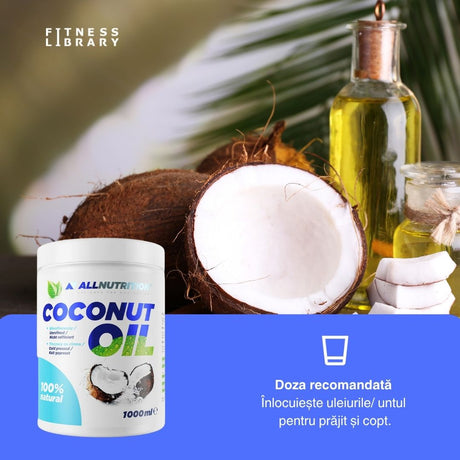 Vitalitate radiantă cu ulei de cocos nerafinat AllNutrition, presat la rece. Energie pură și aromă exotică, direct din nucă de cocos proaspătă.