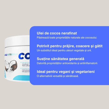 Ulei de cocos nerafinat, presat la rece. Energie vibrantă, armonie naturală.