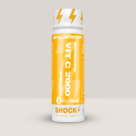 Imagine cu pachetul de 12 doze de Vit C 2000 Shot de la ALLNUTRITION, 80ml per doză.