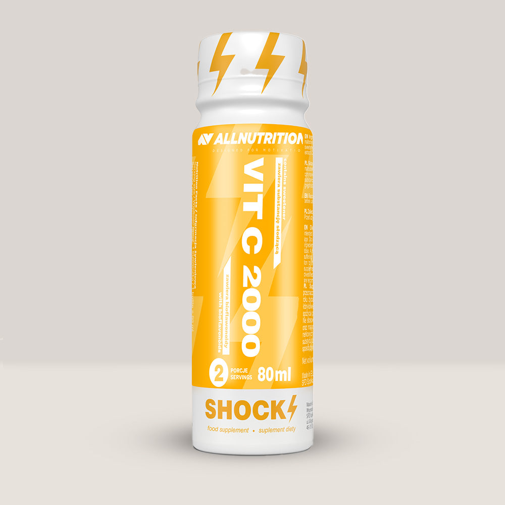 Imagine cu pachetul de 12 doze de Vit C 2000 Shot de la ALLNUTRITION, 80ml per doză.