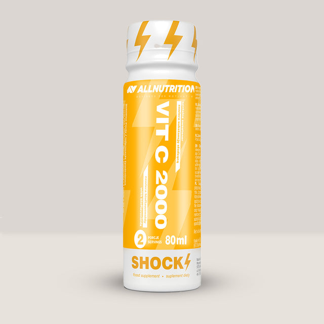 Imagine cu pachetul de 12 doze de Vit C 2000 Shot de la ALLNUTRITION, 80ml per doză.