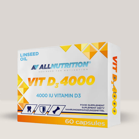 Imagine cu suplimentul alimentar Vitamina D3 4000 UI de la ALLNUTRITION, 60 de capsule gelatinoase.