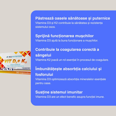 Oase puternice și imunitate de fier cu Vitamina D3+K2 de la ALLNUTRITION.