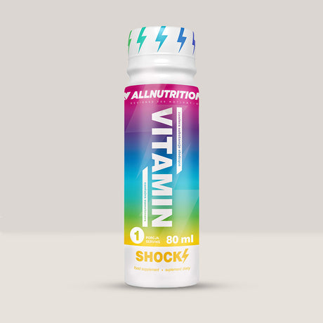 Imagine cu pachetul de 12 doze de Vitamin Shock Shot de la ALLNUTRITION, 80ml per doză.