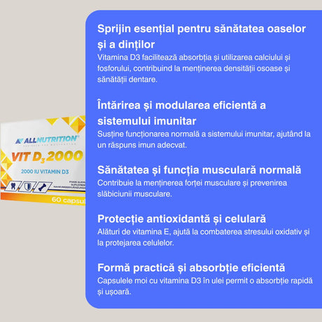 Vitamina D3 ALLNUTRITION: Imunitate puternică, oase sănătoase. Revigorează-te!
