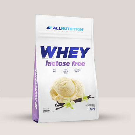 Imagine cu proteina din zer Whey Lactose Free de la ALLNUTRITION, 700g, 24 de serviri. Aroma de vanilie.