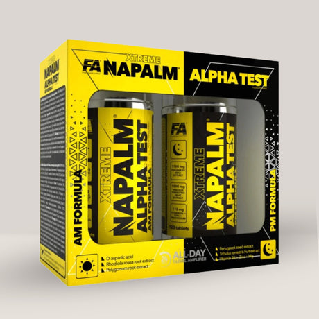 Cutie de Alpha Test de la Fitness Authority, pachet cu 240 de tablete și formulă AM/PM pentru suport hormonal.