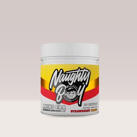 Aminoacizi esențiali cu aromă de căpșuni și mango pentru regenerare musculară profundă și performanță de vârf. Experimentează puterea NAUGHTY BOY.