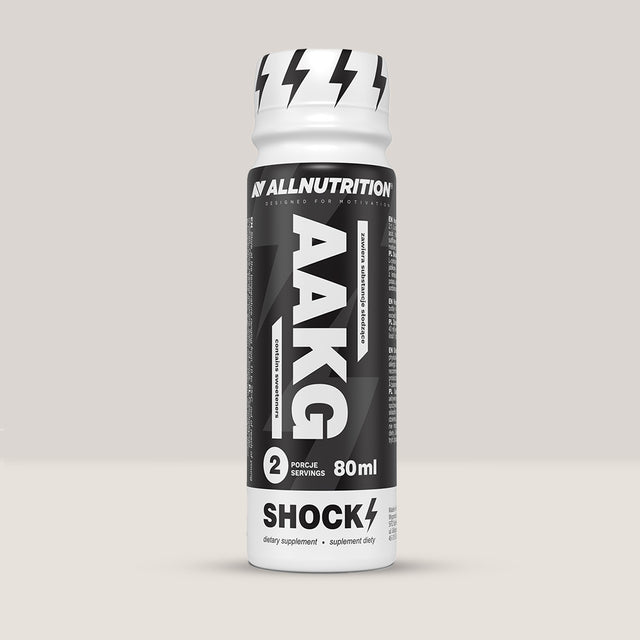 Imagine cu shot-ul energetic de tip pre-workout de AAKG Shock Shot de la APPLIED NUTRITION, 80ml per doză.